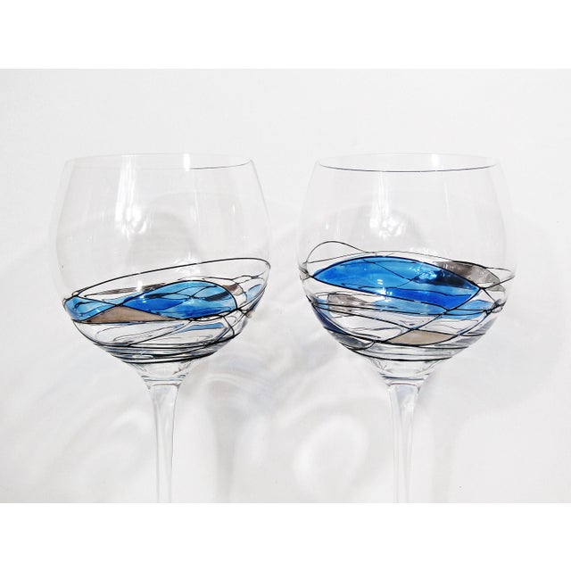 Glass 1990s Mosaic Stained Glass Wine Glasses 16oz | Hand-Painted Blue & Gray Accents | Modern Artistic Glassware | Wine Lover Gift - Set of 6 For Sale - Image 7 of 7