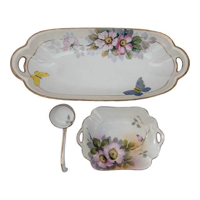 Antique Nippon Kutani Hand-Painted Porcelain Serving Set With Butterflies, C. 1910 For Sale