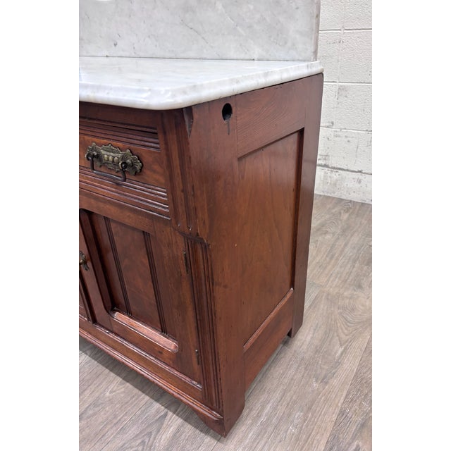 Antique Victorian Eastlake Walnut Marble Top Knapp Joint Washstand For Sale - Image 10 of 15
