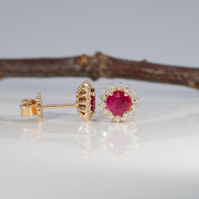 Aa Burma Ruby Earrings With Earth-Mined Diamond Accents in Solid 14k Gold, 5mm For Sale In Columbus - Image 6 of 8