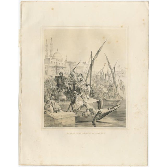 Antique Egyptian Army Recruitment at the Nile Harbor from Maximilian, 1846 This dramatic and historically powerful 19th-...