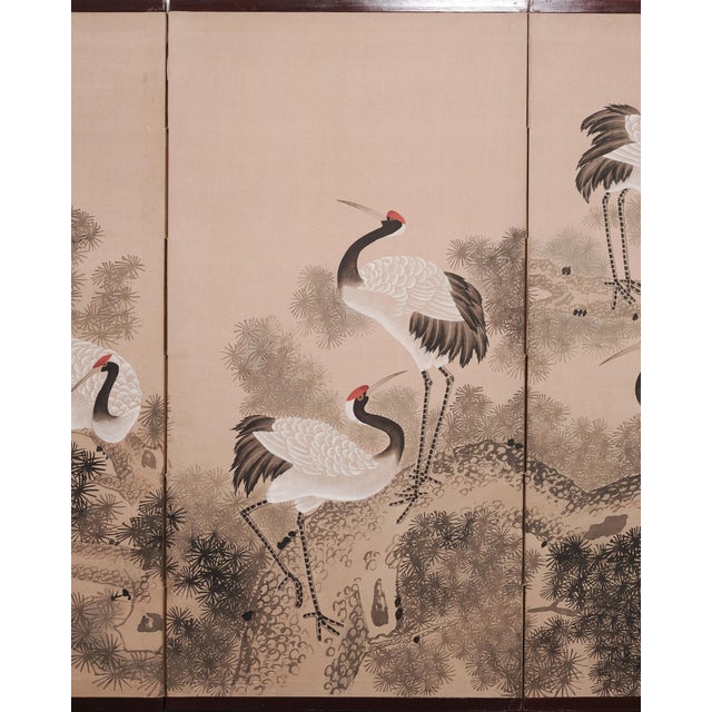 Mid 20th Century Japanese Style Showa Four-Panel Screen Cranes in Pine Trees For Sale - Image 5 of 18
