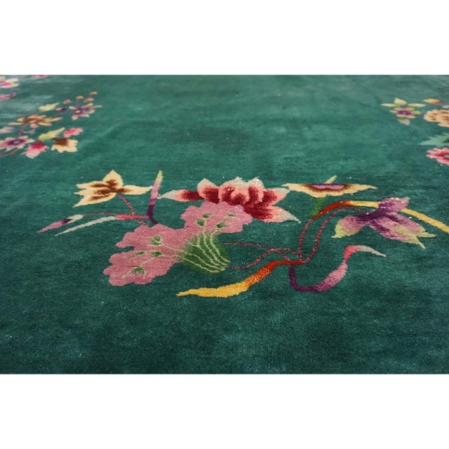Wool Room Size Chinese - Art Deco Green Antique 1920s Rectangle Knotted Rug, Circa Date: 1920s. This magnificent example...