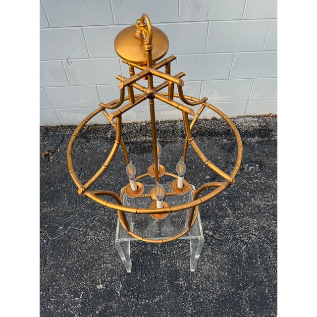 Early 21st Century Chelsea House Hollywood Regency Antique Gold Faux Bamboo Pagoda Lantern Chandelier For Sale - Image 5 of 9
