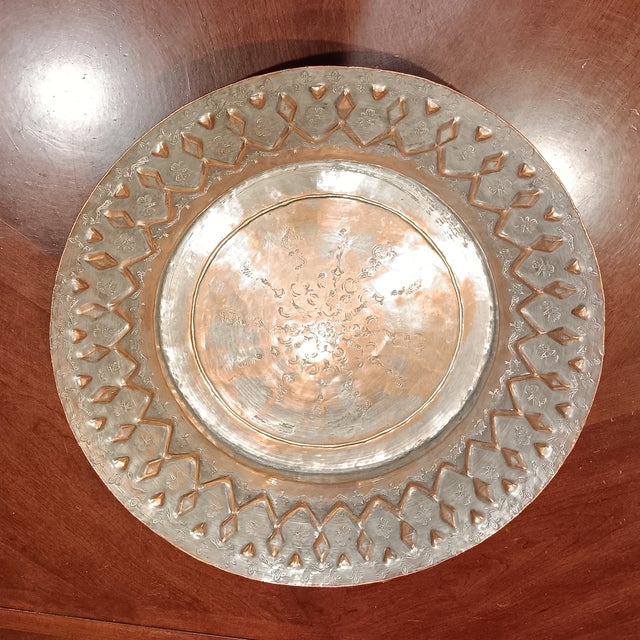 Vintage Egytian Hammered Sculptured Copper Platter/ Bowl With French Fluer- De- Lis and Bee Symbol. Heave guage copper...