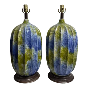 Mid-Century Ceramic Lamps Blue Green Textured Large Scale Table Lamps-A Pair