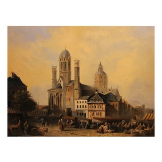 Market Scene with Mainz Cathedral, 1867, Oil on Wood, Framed For Sale