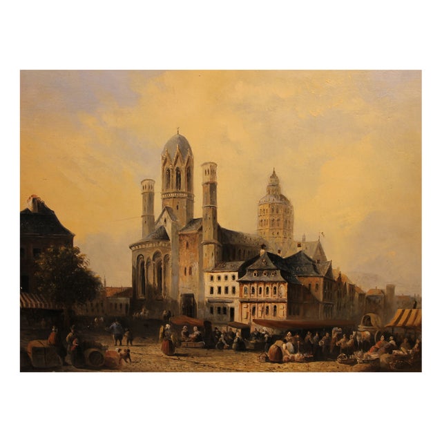 Market Scene with Mainz Cathedral, 1867, Oil on Wood, Framed For Sale