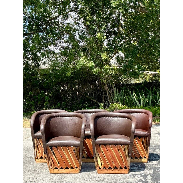 Brown Vintage Boho Leather Equipale Chairs - Set of 5 For Sale - Image 8 of 12