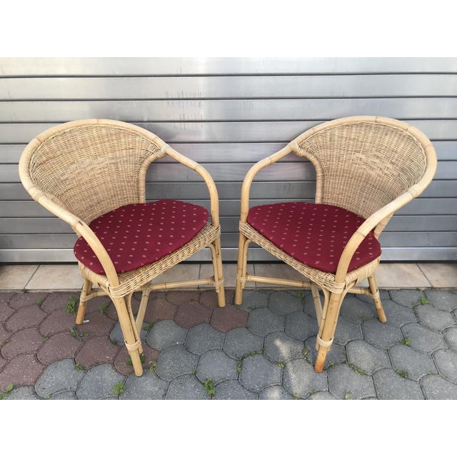 Rattan & Bamboo Armchairs with Cushions, 1970s, Set of 2 For Sale - Image 3 of 18