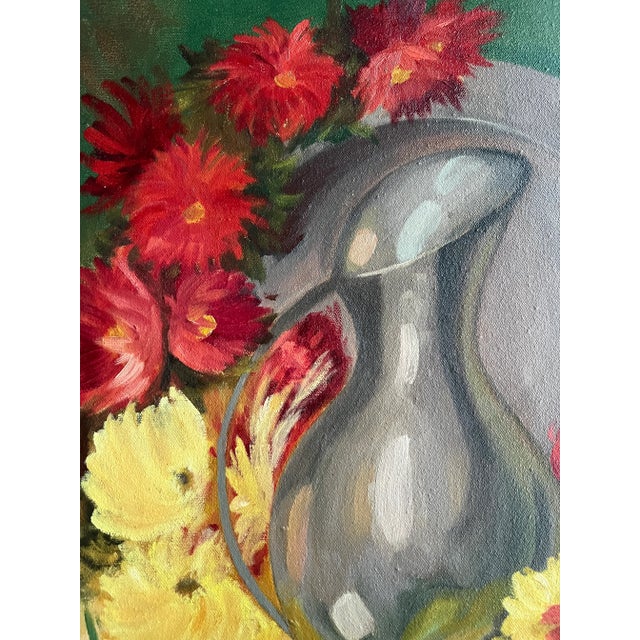 1970s 1970s' Vintage Still Life Painting of a Pitcher and Colorful Flowers For Sale - Image 5 of 10