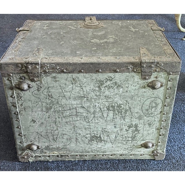 Old Metal Trunk With Leather Handles For Sale In New York - Image 6 of 6