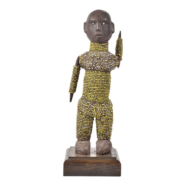 Early 20th Century Nyamwezi Beaded Wood Doll on Custom Base Tanzania For Sale