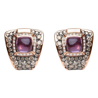18K Rose Gold 1 1/2 Cttw Round Diamond and 7mm Cushion Cut Purple Amethyst Gemstone Geometrical Statement Stud Earrings For Sale