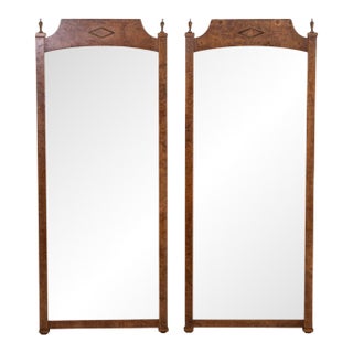 Pair Burled Walnut Mirrors With Brass Finials For Sale