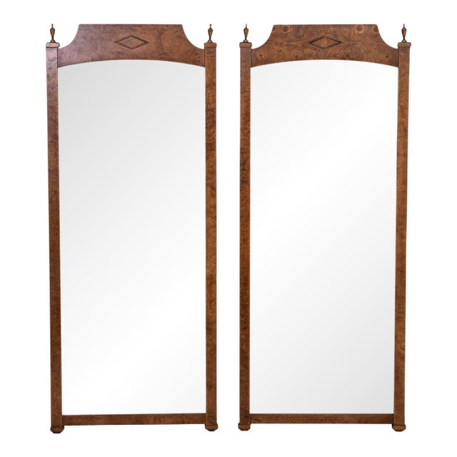 Pair Burled Walnut Mirrors With Brass Finials For Sale