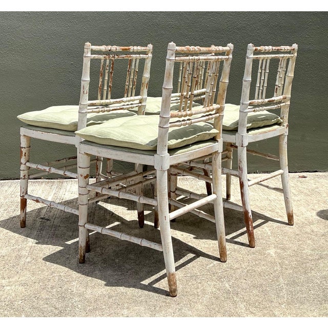Vintage Distressed Wood Faux Bamboo Spindle Back Chairs - Set of 4 For Sale - Image 15 of 18