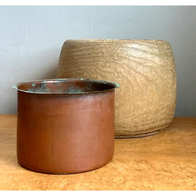 Vintage Wood Vessel Planter With Copper Insert For Sale - Image 9 of 12