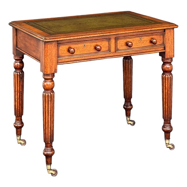 William IV Library Table or Writing Desk of Patinated Oak With Inset Leather Top For Sale