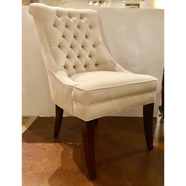 Chic Transitional Pearson White Tufted Destiney Slipper Chairs Pair, cotton blend, tapered chocolate brown wood legs,...