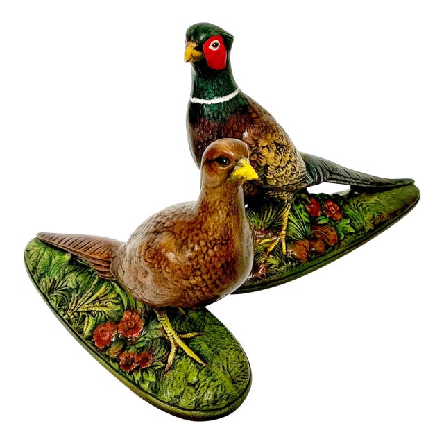 1973 Boho Chic Americana Folk Art Ceramic Pheasants - A Pair For Sale