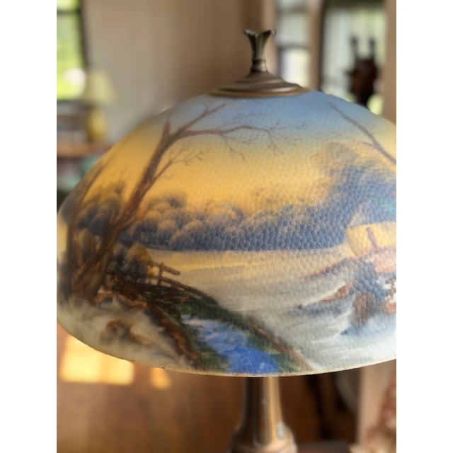 Early 20th Century Pittsburgh Reverse-Painted Winter Landscape Table Lamp – 17" Shade For Sale - Image 10 of 17