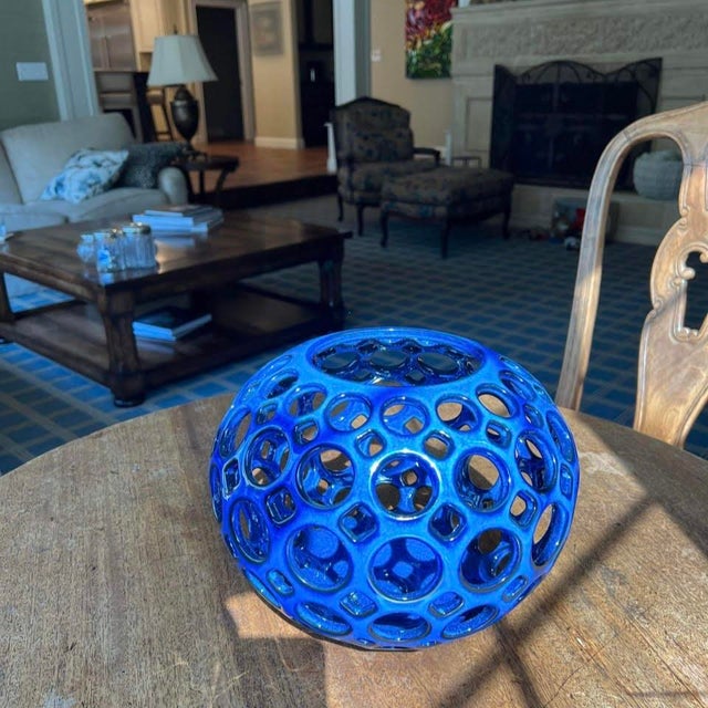 Contemporary Large Pierced Ceramic Tabletop Orb Sculpture, Cobalt Blue