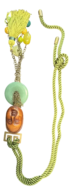 Long Chinese Necklace with Jade Semi-Precious Stones, Bronze and Trimmings by Philippe Ferrandis