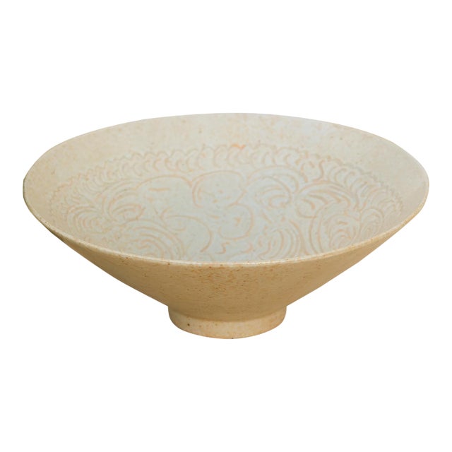 Vintage Wave Engraved Glazed Stoneware For Sale