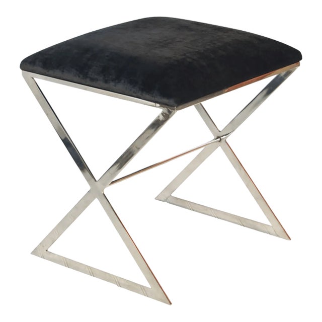 Matthew Izzo Home X Side Stool in Black Velvet Upholstery and Polished Nickel Base For Sale