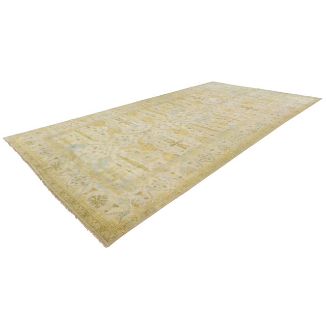 Cream 11x21 Modern Oushak Style Wool Rug in Soft Cream, Ochre Gold & Soft Blue For Sale - Image 8 of 12