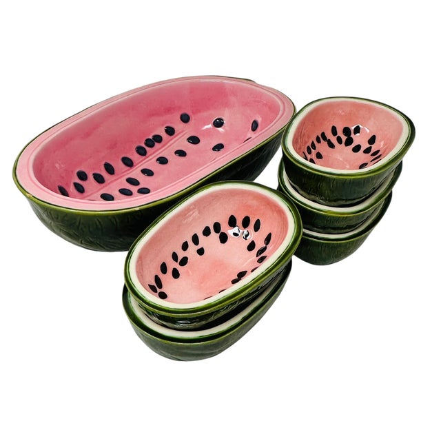 Unique Rare Textured Vintage Watermelon Serving Bowl Set | Mid-Century Modern Embossed Fruit Dishes | 6 Pieces For Sale - Image 11 of 18