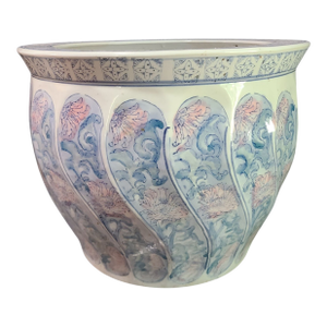 Vintage Asian Floral Large Fish Bowl Jardinière Planter Painted Pastel Colors