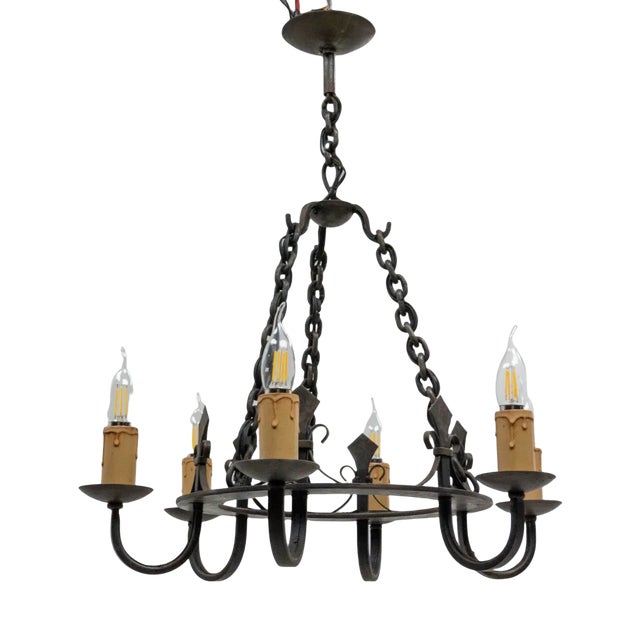 French Wrought Iron Fleur-De-Lys Chandelier, 1940s For Sale