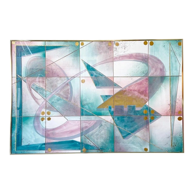 Postmodern Pink Gold & Green Framed Signed Artwork For Sale