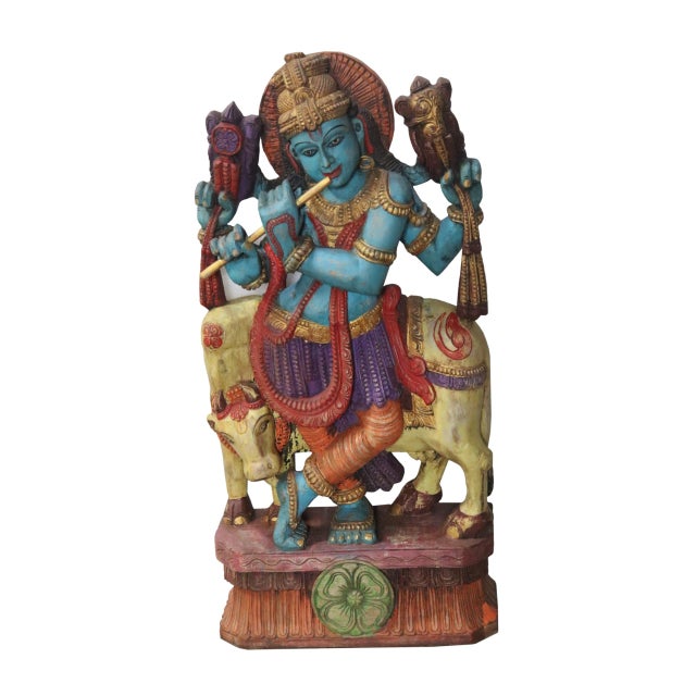 Contemporary Contemporary Indian Carved and Painted Wood Krishna Statue For Sale - Image 3 of 3