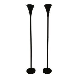 Laurel Mid Century Modern Black Torchiere Floor Lamps - a Pair For Sale