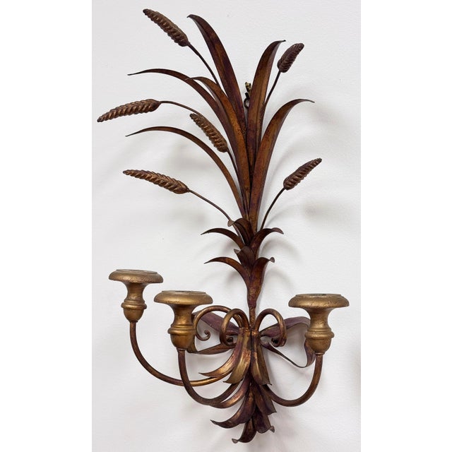 Hollywood Regency Vintage Gilt Sheaf of Wheat 3-Arm Candle Sconce For Sale - Image 3 of 6