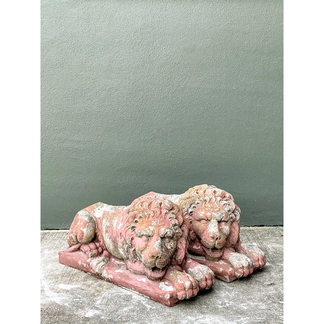 Mid 20th Century Vintage Cast Cement Garden Lion Figures - Pair For Sale - Image 5 of 12