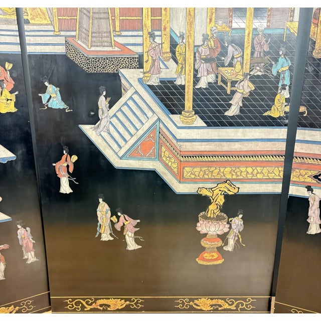 1980s Grand Chinoiserie Palace Scene: 3-Panel Lacquer Screen by Maitland-Smith - A Monumental Work of Hand-Incised Coromandel-Style Artistry For Sale - Image 4 of 10