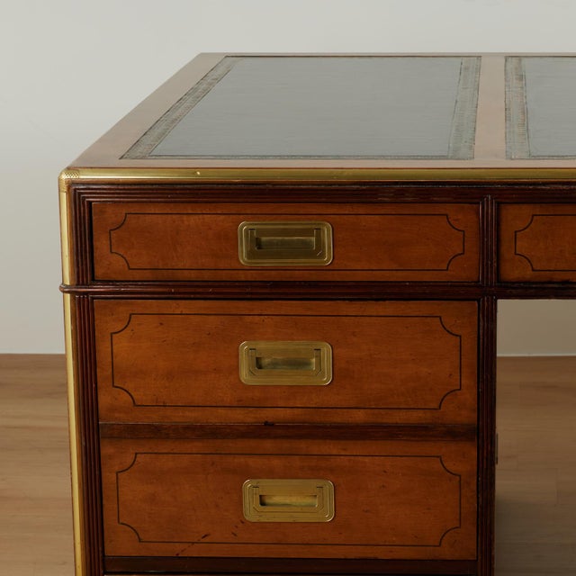 Campaign Vintage Large Scale Leather Top Campaign Style Partners Desk by Baker For Sale - Image 3 of 18