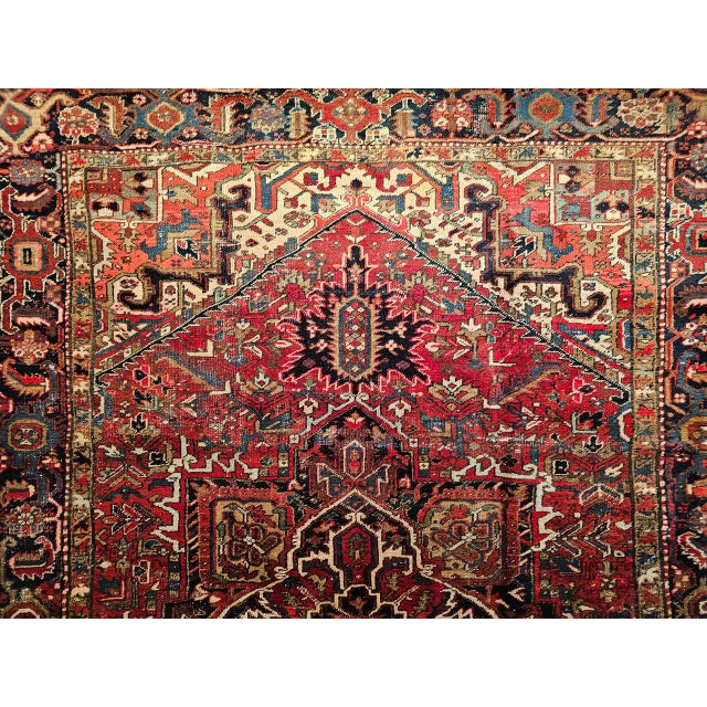 Vintage Persian Heriz Rug, Hand-Knotted Wool, Geometric Medallion Pattern, Red & Navy, 9x12 For Sale - Image 14 of 18