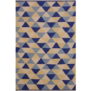 Retro Kilim Blue Hand-Woven Wool Rug -5′ × 6′9″ For Sale