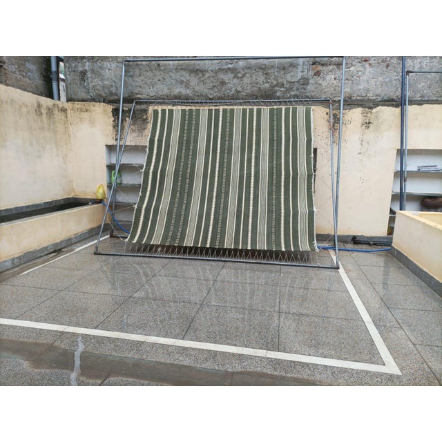 Handmade Woolen Flat Weave Rug, Olive Green and White Striped Wool Rug - 8'x10' For Sale - Image 6 of 13