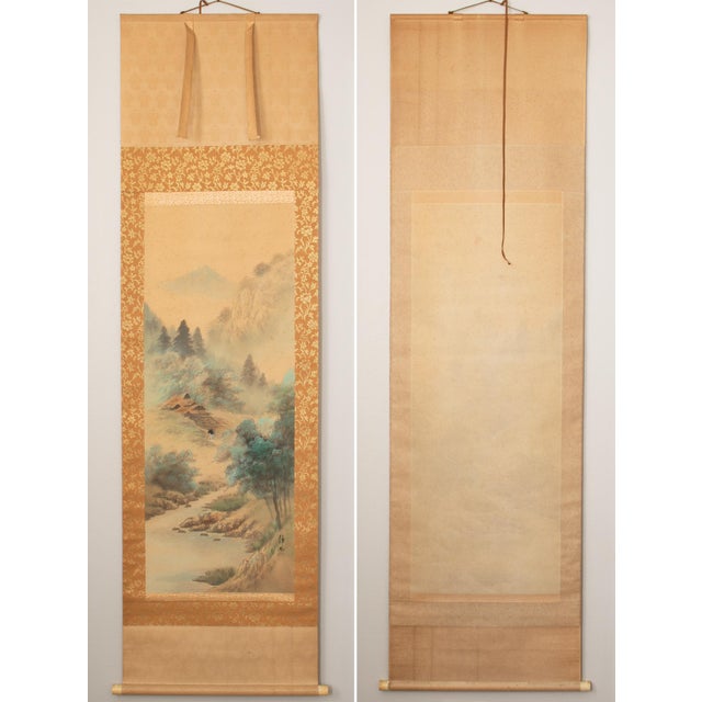 絵画 Brown Mountain Japanese Antique Scroll Painting of a Mountain Pavilion by