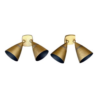 Pair 1960s Stonco Award Series Outdoor Bullet Lights Cast Aluminum Antique Gold Crackle Finish Nos For Sale
