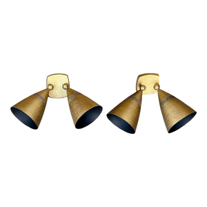 Pair 1960s Stonco Award Series Outdoor Bullet Lights Cast Aluminum Antique Gold Crackle Finish Nos