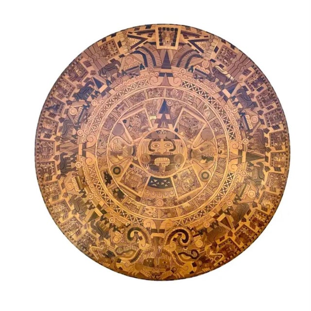 Brown Mid Century Aztec Calendar Large Circular Inlaid Wood For Sale - Image 8 of 8