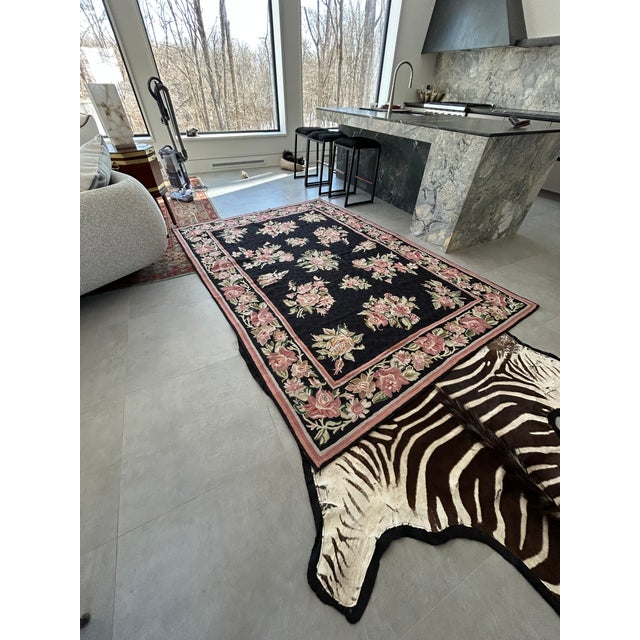 Hand Knotted Area Rug With Soft Pink & Green Flowers Against Black For Sale - Image 11 of 13