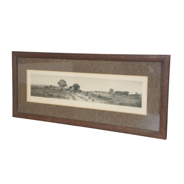 Late 19th century black and white landscape etching showing a panoramic view of figures harvest hay with scythes, with a...